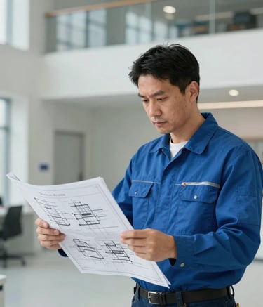 A Master Electrician in professional uniform examining electrical blueprints in a modern commercial building in British Columbia. The setting is clean and well-lit with blue and white tones.