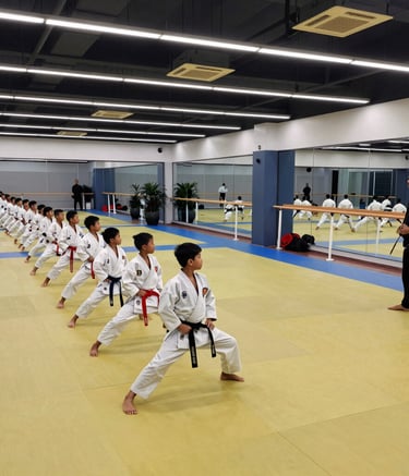Wide shot of a bustling martial arts class in a premium South Asian academy. Students are lined up on yellow mats, following the lead of an instructor. The space is clean, modern, and features silver and dark blue hardware.
