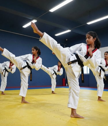 Dynamic low-angle action shot of South Asian students in a modern Delhi dojang, practicing synchronized Taekwondo kicks. The room has high ceilings, dark blue walls, and premium yellow floor mats. Bright, energetic sports photography style.