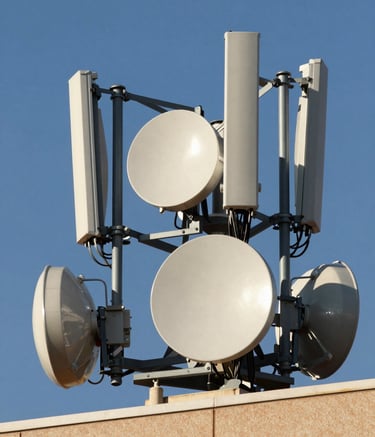 Close-up of a high-tech telecommunications antenna array installed on a modern building roof against a clear blue sky in Spain. The lighting is crisp, highlighting the sleek metallic surfaces and professional installation.
