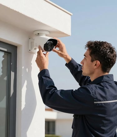 A professional technician in a clean dark navy uniform installing a modern high-definition security camera on the exterior of a contemporary Spanish home. Bright daylight, clear composition, emphasizing technical precision and reliability.