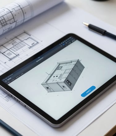 A close-up of high-precision architectural blueprints and a digital tablet showing a 3D model, organized on a clean desk. The lighting is crisp and professional, emphasizing detail and precision, incorporating brand colors #1A2C3D and #A0BCCB in the digital interface and drafting tools.