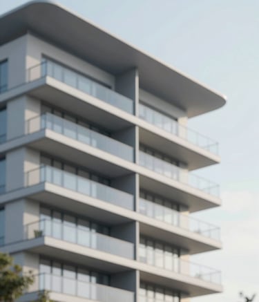 A modern, high-end apartment complex with clean lines and large glass balconies under a bright sky. The photography style is architectural and sophisticated, utilizing the brand palette's #4C6A7F and #F8F8F4 to convey trust and reliability.