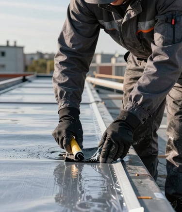 A close-up photograph of a professional worker in protective gear carefully applying a waterproof seal to a rooftop. The setting is a modern construction site in a European / French urban environment. The lighting is bright daylight, highlighting the texture of the materials. Colors include Dark Slate Grey for the worker's uniform and Light Steel Blue in the background sky.