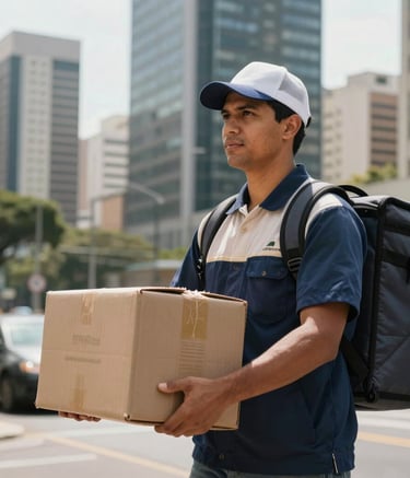 A focused South American delivery professional carrying a package in a busy Brazilian business district, modern office towers in the background, sharp photography, natural lighting, wearing a deep navy blue and off-white uniform.