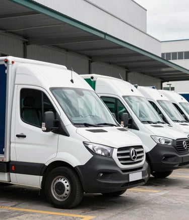 A line of professional, white delivery vans parked in an organized row at a modern logistics center in a South American urban hub, clean composition, bright daylight, with accents of deep navy blue and muted green on the side of the vehicles.