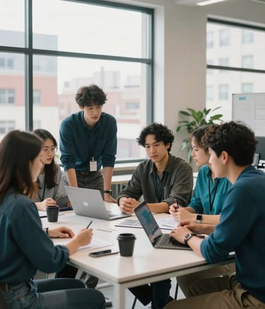 A collaborative creative agency workspace in a bright North American / US city loft. Young professionals are gathered around a table with mist white and deep ocean teal accents, brainstorming ideas for a new marketing campaign.