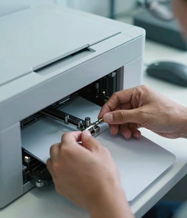 Close-up of a skilled technician's hands performing precise maintenance on an office printer, professional toolset visible, clean and organized Latin American workspace, high-tech reliability, lighting emphasizing efficiency, soft azure blue tones.