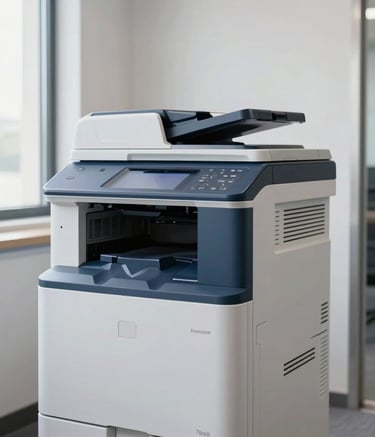 A bright and professional Latin American corporate office interior with a sleek, high-end multifunctional printer as the focus, clean lines, professional business setting, soft daylight coming from windows, palette includes steel blue and pale grayish white.