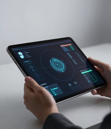 An elegant, close-up shot of a high-tech tablet reflecting a glowing data visualization on its screen, held by a professional in a modern North American / US creative studio. Soft pearl grey lighting and deep graphite shadows dominate the frame.