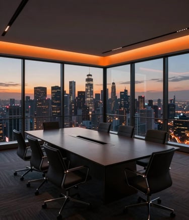 A high-angle, wide-angle shot of a sleek, minimalist North American / US corporate boardroom with a floor-to-ceiling view of a glowing city skyline at dusk. The room features dark charcoal surfaces and vibrant orange accent lighting. The mood is sophisticated and futuristic.