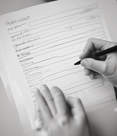 Close-up of hands gently holding a notebook and pen, ready to capture thoughts and reflections.