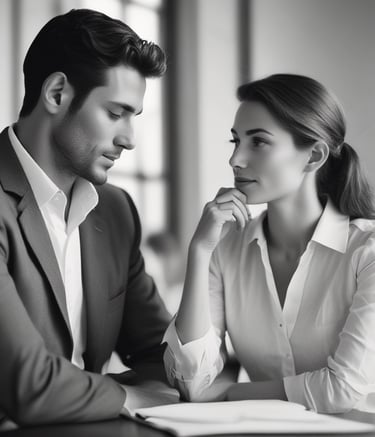 Two people sharing a warm, genuine smile, illustrating emotional connection and trust.