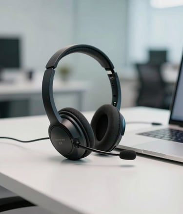 Close-up photography of a professional workstation in a Brazilian office. A modern, high-quality headset sits on a clean white desk next to a laptop. The background is a soft-focus office interior with light blue and grey tones, creating a sense of quiet efficiency and technical competence.