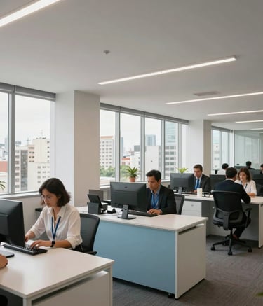 A wide-angle shot of a modern office environment in Brazil. Large windows reveal a cityscape. The interior features clean lines, white and light blue furniture, and professional employees focused on their work, conveying trust and growth.