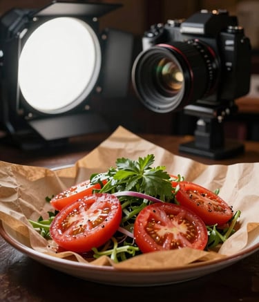 A photographer in a North American / US restaurant setting, capturing a close-up of a Deep Crimson tomato salad on a Crisp Parchment colored plate, using professional studio lighting.