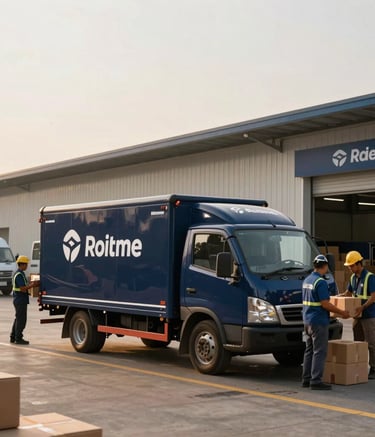 A modern logistics hub in a South Asian city during the day. A delivery van with sleek dark blue branding is parked as professional workers handle parcels. The scene is shot in a crisp, clean style with warm golden hour lighting.