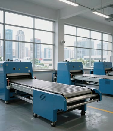 A bright, high-tech logistics center interior with large windows showing a South Asian urban skyline. The facility is filled with medium blue sorting equipment. Clean, modern photography emphasizing technological efficiency.