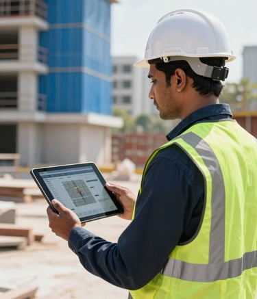 A professional site supervisor in a South Asian / Indian construction environment, wearing a safety vest and helmet, holding a digital tablet that displays a site progress dashboard. The lighting is bright and clear, with deep navy and steel blue accents in the background architecture.