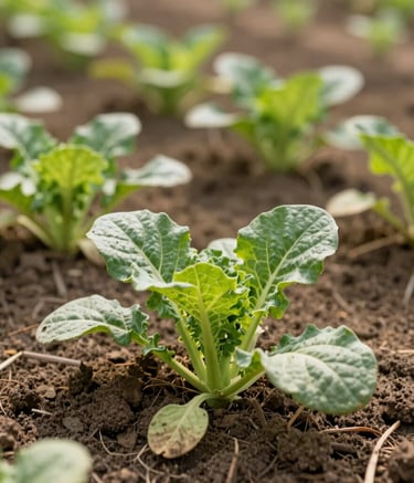 A close-up photograph of healthy, vibrant organic vegetables growing in rich, dark soil in a Saudi Arabian agricultural facility. Soft, natural sunlight filters through, emphasizing the health and quality of the produce. The composition is clean and professional, using brown and green tones from the brand palette.
