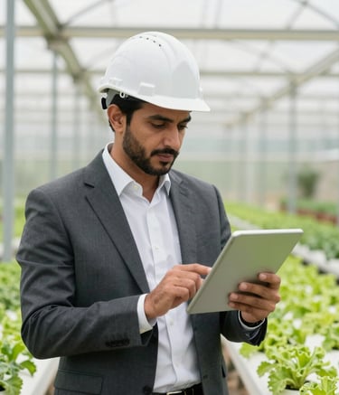 A Middle Eastern professional consultant in smart casual attire, wearing a white hardhat, standing in a vibrant green greenhouse in Saudi Arabia. He is looking at a digital tablet with a focused and innovative expression. The background features high-tech hydroponic systems and a clean, modern agricultural environment.