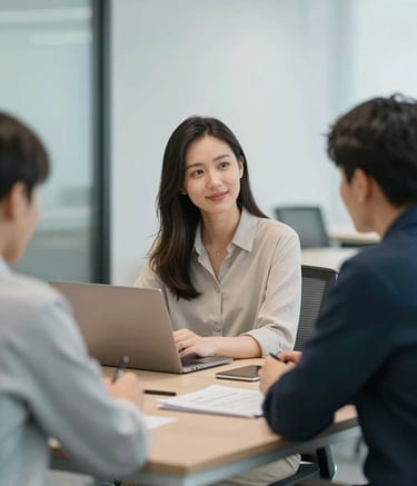 A professional and modern office interior showing a collaboration meeting, with a focus on integrity and transparency. Soft lighting and a color palette featuring #A8C9B9 and #F7F9F8 for a trustworthy and corporate atmosphere.