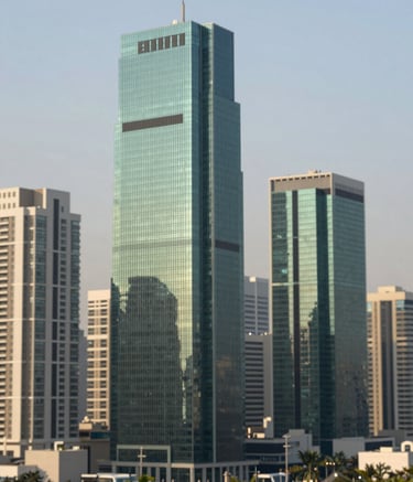 A sophisticated view of a modern commercial skyline in Karachi during the day, featuring architectural clean lines and glass facades that incorporate subtle shades of #1A322C and #4F7E6C. The lighting is bright and professional.