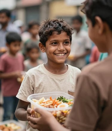 A compassionate scene of food distribution to underprivileged children in an urban Bangalore setting. The image is captured with a shallow depth of field, highlighting the genuine smiles. Colors include soft browns #856F5E and warm creams #FDFBF8 in the clothing and surroundings, radiating trustworthiness.