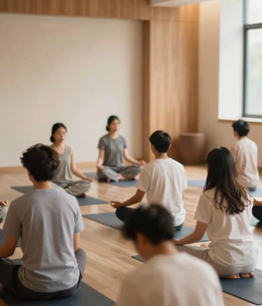 A high-quality, professional photograph of a peaceful Yoga and Veda chanting class in Bangalore. The setting is clean and modern with warm wooden accents reflecting #362C25 and soft beige walls #C1B4A5. The lighting is soft and natural, conveying a sense of profound peace and cultural heritage.