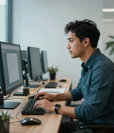Photography of a professional South American software engineer in a modern office, focused on a sleek workstation. Soft, natural lighting highlights the sophisticated textures of the workspace. Composition is a medium shot emphasizing an innovative work environment. Colors include dark charcoal teal and pale sky blue.