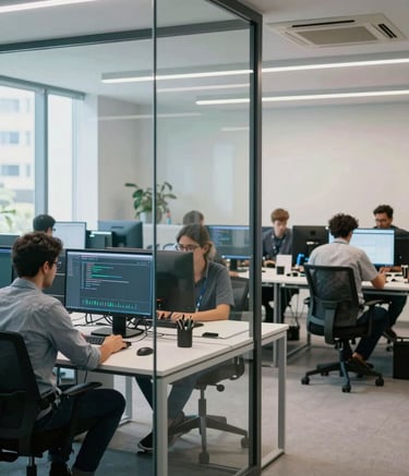 Photography of a bright, contemporary software studio in a Brazilian metropolis. Professional developers are seen in the background collaborating at clean desks. The foreground shows a glass partition. Sophisticated atmosphere with cool white and muted slate blue tones.
