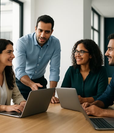 A dynamic South American / Brazilian professional setting. A group of digital marketing experts in smart-casual attire are collaborating around a modern wooden table with laptops. The office is bright and airy with large windows. The scene features clean lines, white walls, and accents of deep blue, conveying a mood of approachable professionalism.