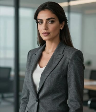 A professional portrait of a woman representing Dina Aladawy in a modern North American / International business environment. She is dressed in a sophisticated charcoal grey blazer, standing in front of a blurred glass-walled office with soft cloud grey tones.