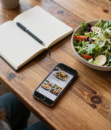 A top-down view of a content planning session on a rustic wooden table in a Western / North American cafe. Includes a notebook, a smartphone showing a food feed, and a fresh salad, all in a bright Crisp Parchment atmosphere.