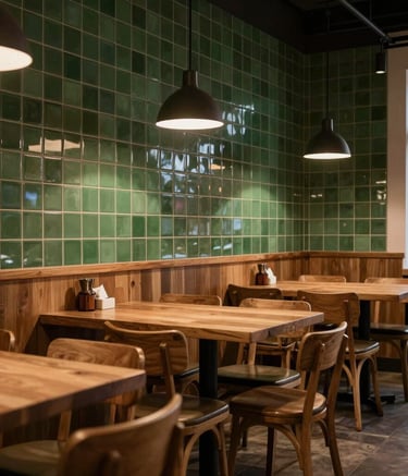 A cozy, Scandinavian-style restaurant interior in Western / North American region. The scene features Matte Forest Green tiled walls, warm wooden furniture, and sophisticated lighting that creates an approachable warmth.