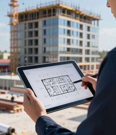 A close-up photograph of a professional engineer's hands holding a digital tablet displaying high-precision technical blueprints on a construction site. The background shows a modern Central European building under development under clear daylight. The palette features steel blue and dark navy tones.