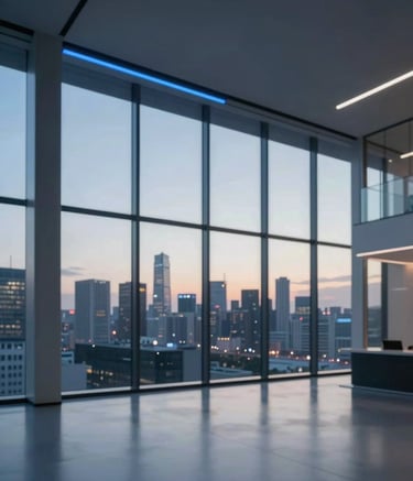 A minimalist, wide-angle shot of a modern glass office interior with a view of a city skyline at dusk. Subtle blue neon lighting accents the clean architectural lines. Professional and confident mood using colors #0F172A and #F8FAFC.