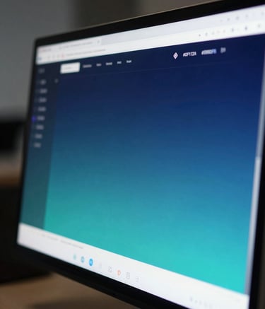 A close-up, high-end macro shot of a sleek computer screen displaying a complex, minimalist web dashboard with blue and teal gradients. The environment is a professional, dimly lit luxury office. Style is tech-inspired, incorporating colors #0F172A and #3B82F6.