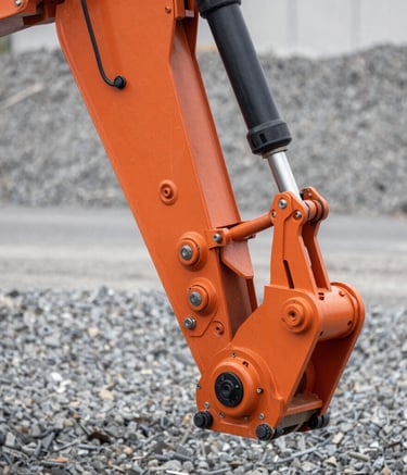 Detailed close-up of a heavy machinery hydraulic arm in action, bright orange metal against a grey gravel background, professional industrial photography, sharp focus on the mechanical joints.