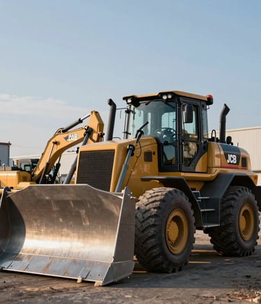 A low-angle shot of a powerful Caterpillar bulldozer and a JCB excavator parked on a professional industrial site in the Czech Republic, late afternoon sun creating strong shadows on the metallic surfaces, charcoal and orange brand tones.