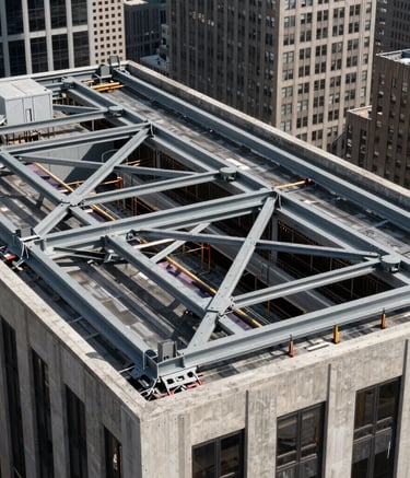 A sharp, high-angle architectural photograph of a steel-reinforced commercial roofing system being installed on a New York City skyscraper. The image highlights structural steel beams and concrete gray materials under clear, bright daylight with a professional, engineering-focused aesthetic.