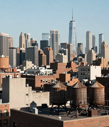 A wide-angle landscape shot of the New York City skyline focusing on varied rooftops and structural water towers. The lighting is clean and professional, emphasizing the strength and architectural stability of the urban environment.
