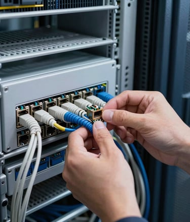 A detailed shot of a technician's hands carefully installing high-performance network cables into a server rack. The environment is a clean, climate-controlled server room with soft white and deep navy blue tones.