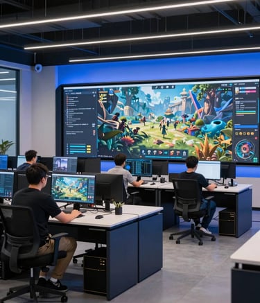 A wide shot of a visionary game development workspace in a North American tech hub. The setting features sleek dark navy furniture and bright blue accent lighting. Developers are collaborating around a large digital display showing an immersive fantasy world.