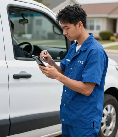 A professional mobile glass technician in a clean uniform standing next to a white service vehicle in a North American suburban setting. The scene is bright and professional, with a palette of bright blue and slate blue.