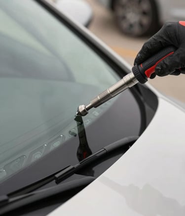 Close-up of a precision windshield repair tool in action on a luxury car, showing the clarity of the glass and the professional detail of the work. North American environment, high-contrast lighting, off-white and charcoal tones.