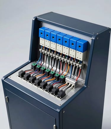 A high-angle shot of a modern industrial control panel with neatly organized wires and components. The lighting is crisp and clear, highlighting the precision of the assembly. Colors feature steel blue accents and dark navy housing against a pale cloud gray background.