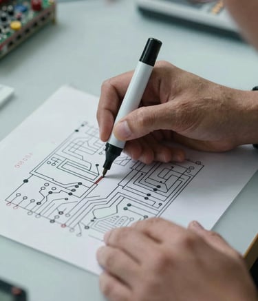 A focused close-up of an electrical engineer's hands holding a highlighter over a complex circuit schematic. The setting is a professional workspace with a pale cloud gray desk and subtle muted sky blue shadows.