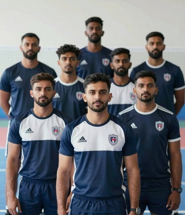 A professional group portrait of the Elite Kabaddi Federation leadership team in Brampton. They are wearing modern navy blue and white sports apparel with federation logos. The background is a clean, bright sports facility with natural light, reflecting a professional and authoritative atmosphere. Contemporary Canadian sports photography style.