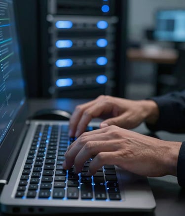 Close-up photography of a professional workstation in a North American tech hub. Hands are typing on a high-end backlit keyboard, while the background shows a blurred server rack with glowing soft blue lights, exuding a sense of efficiency.